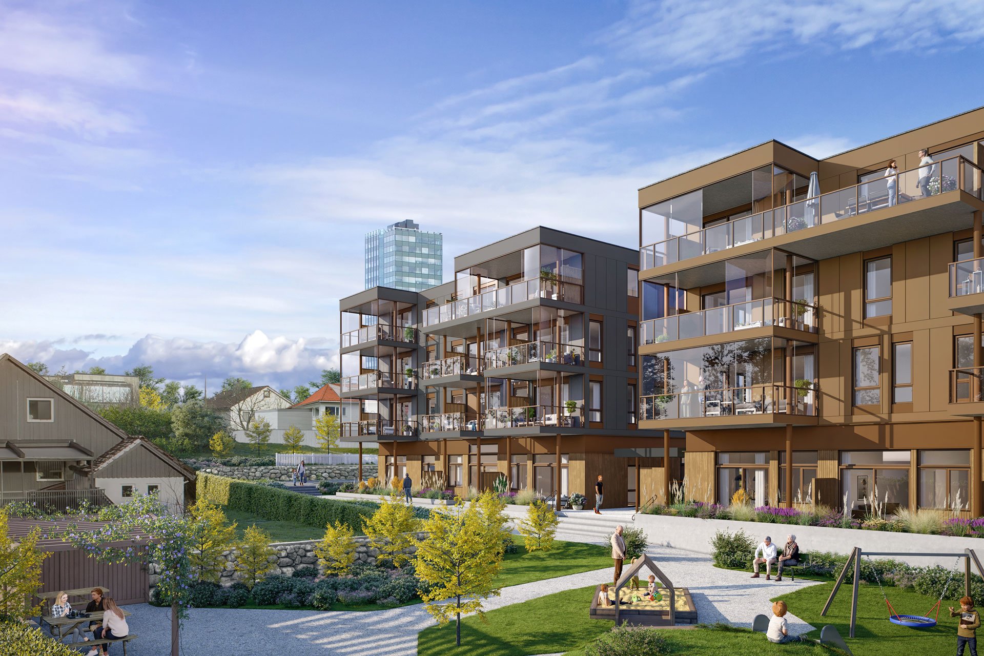 Det nye 550-bygget på Bryne med Høghuset i bakgrunnen