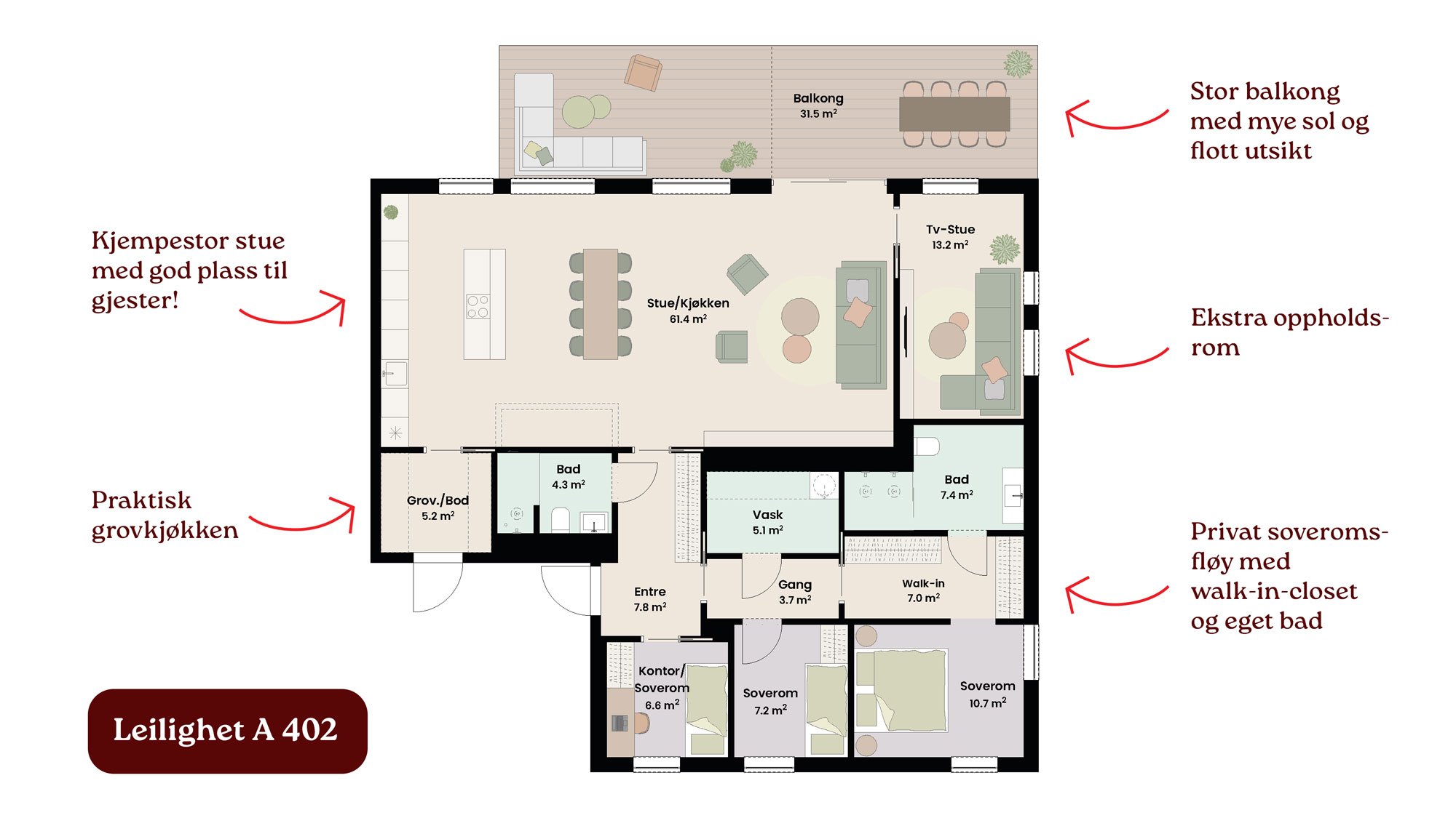 Plantegning leilighet A 402 i 550 ppå Bryne