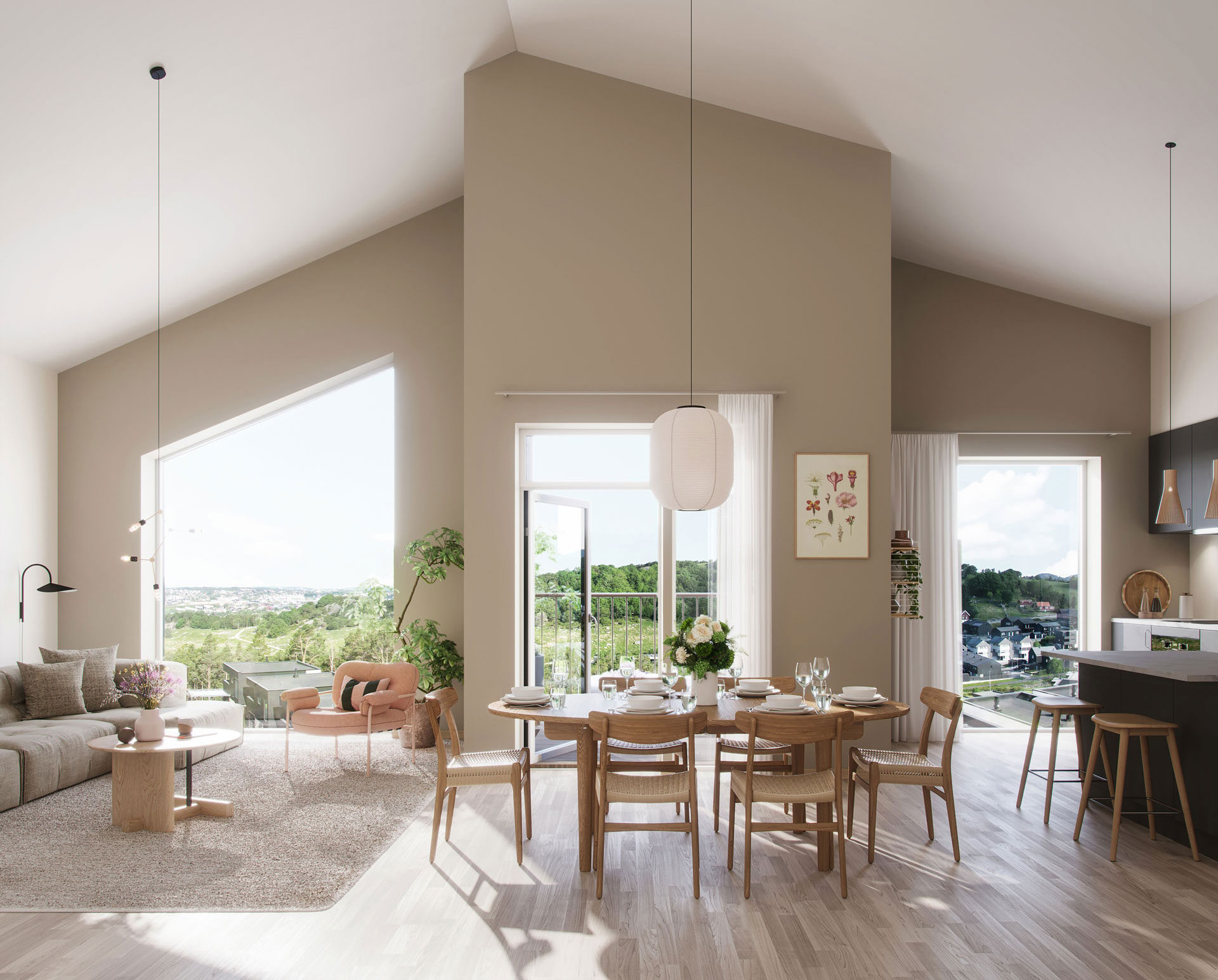 Illustrasjon av stue i nybyggprosjektet Skogens ro