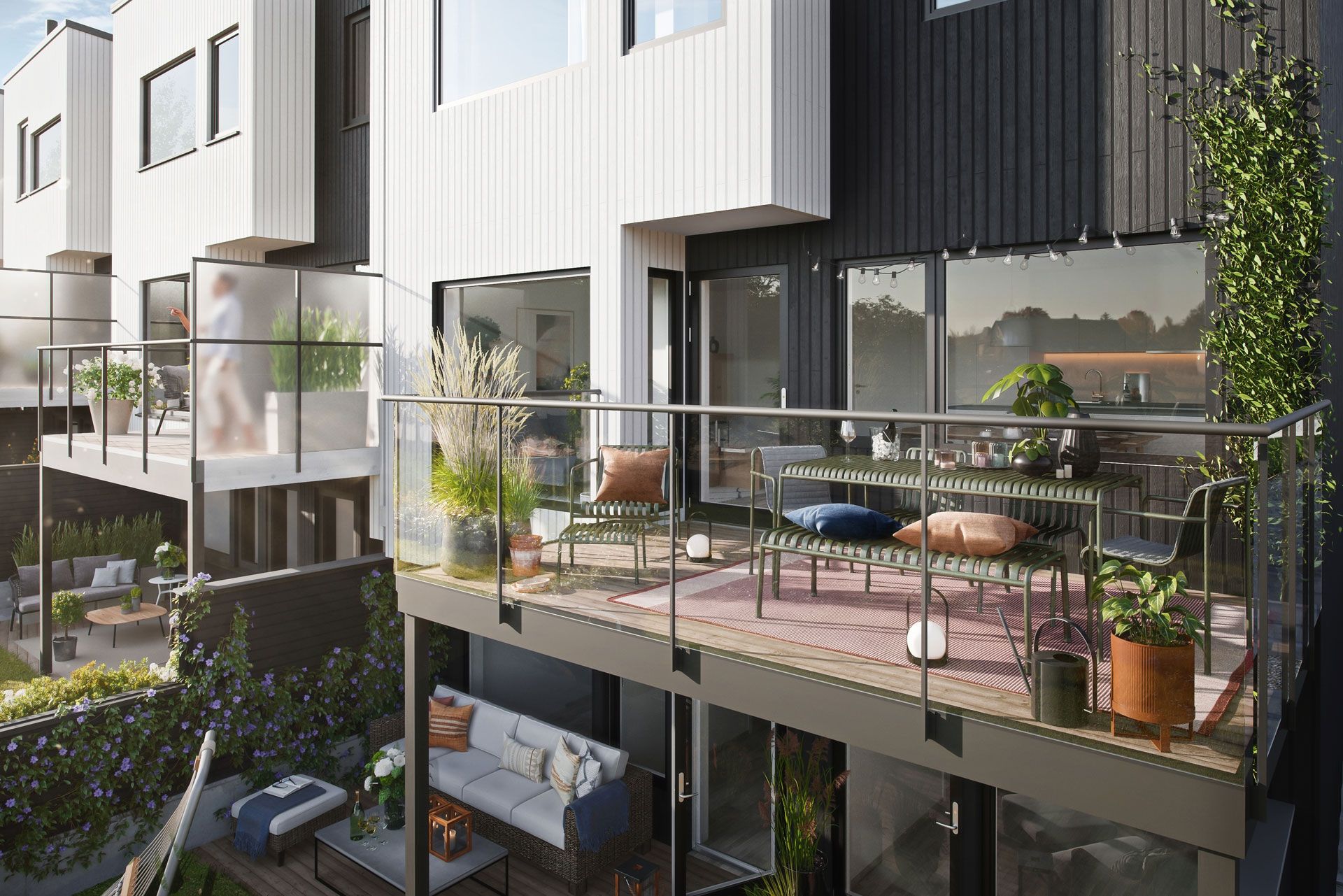 Illustrasjon av balkong i rekkehus på Hovemarka