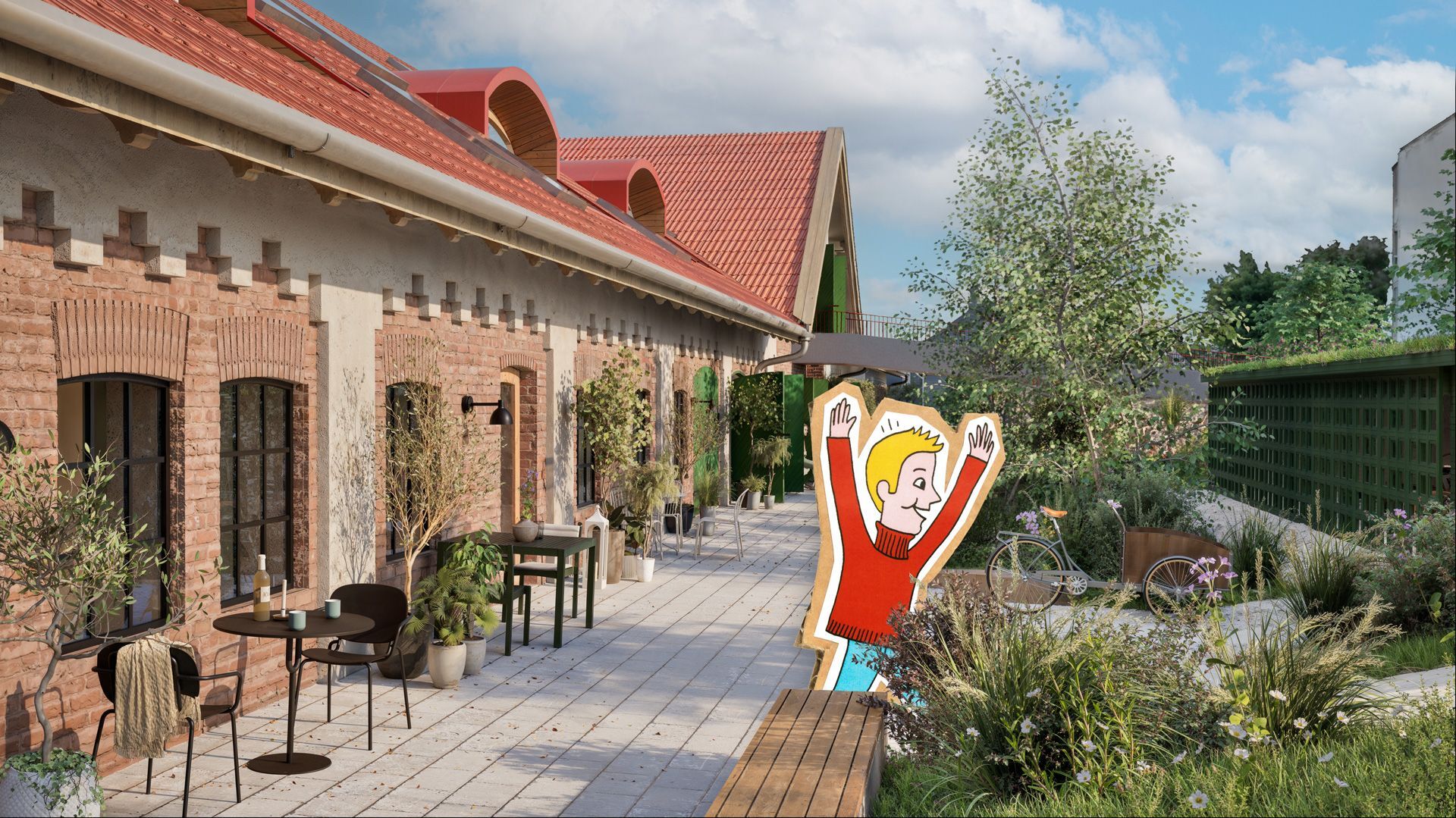 Illustrasjon av gutt om jubler utenfor det nye boligprosjektet Køhlerlåven fra Bate