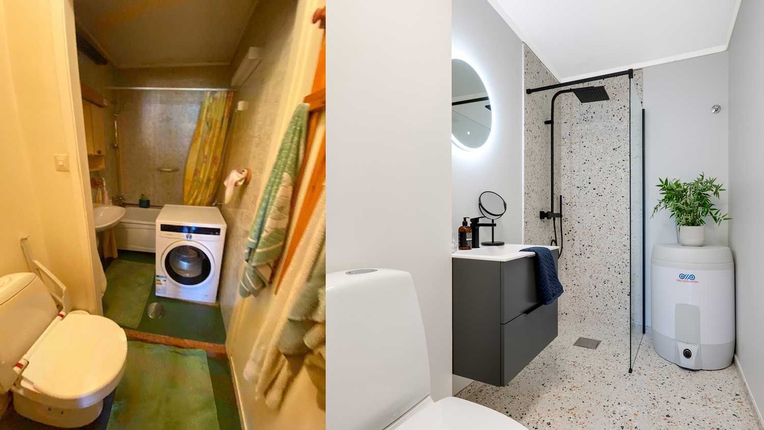 Før og etter-bilde av bad som er pusset opp