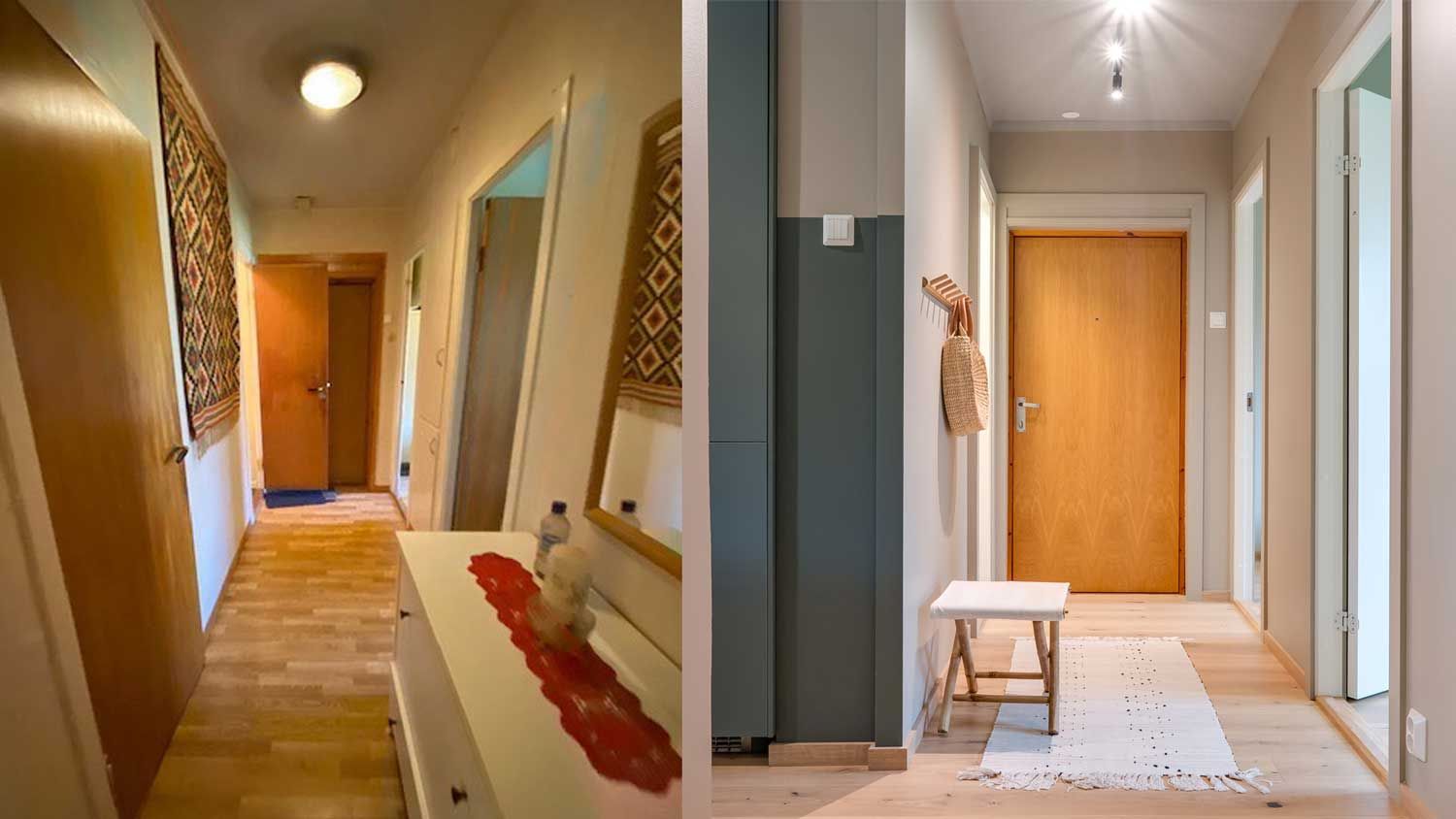 Før og etter-bilde av en gang som er pusset opp