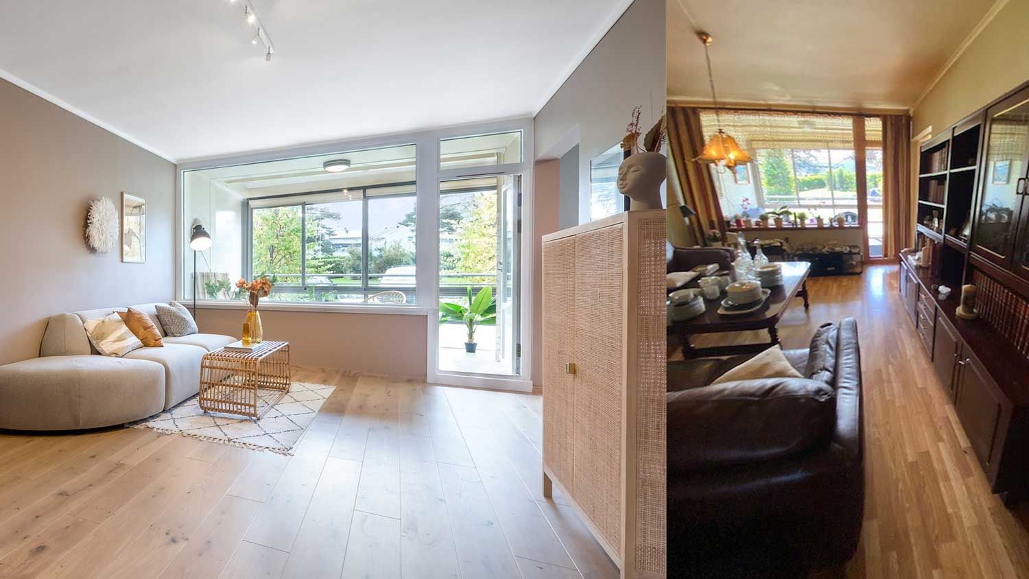 Før og etter-bilder av stue som er pusset opp