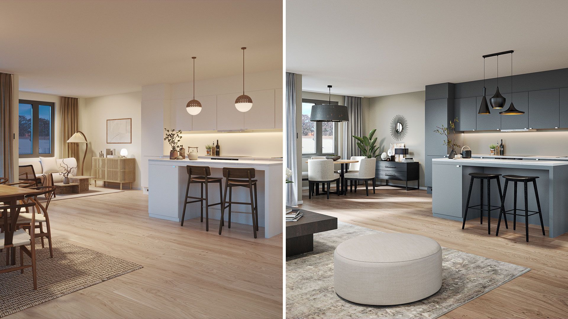 Illustrasjon av to ulike interiørstiler i samme stue