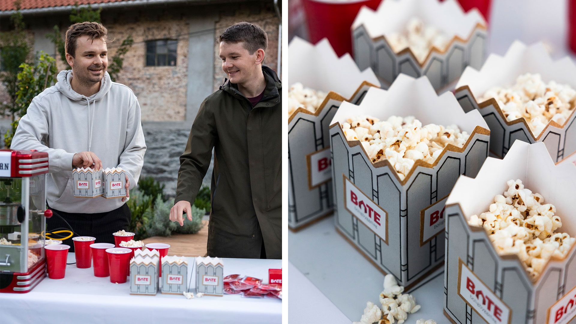 Veimegrunderne Vetle Bringsjord og Kristian Aksland serverer popcorn