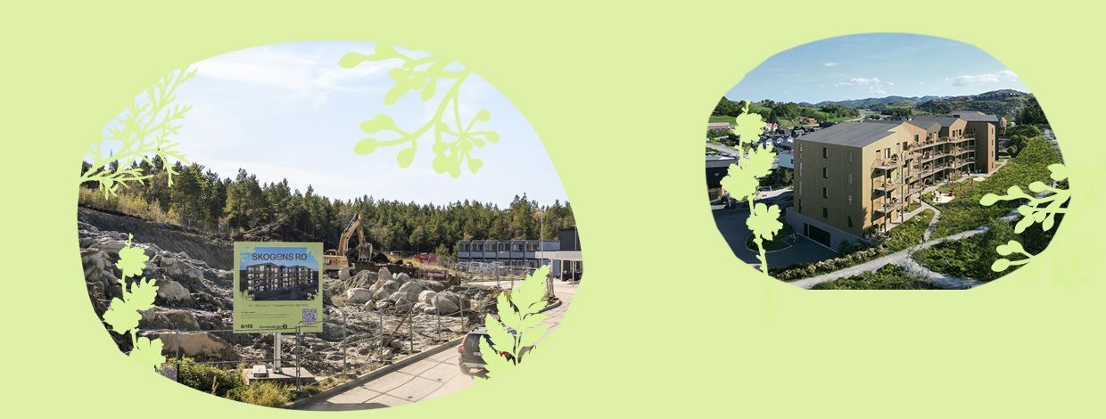 Byggetomt og ferdig bygg på Bates tomt for Skogens ro